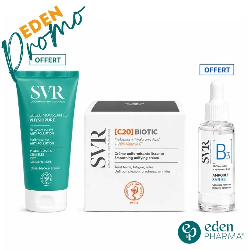 OFFRE SVR BIOTIC C20 CREME REGENERANTE ECLAT 50ML + SVR GELEE PHYSIOPURE 50ml , SVR AMPOULE B3 10ml OFFERT