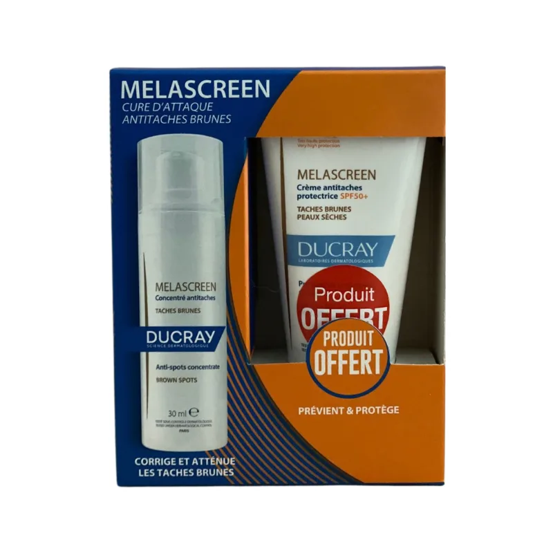 DUCRAY COFFRET MELASCREEN CONCENTRE ANTI TACHES 30ML+CREME PROTECTION ANTI TACHES SPF50+ 50ML PEAU SECHE (OFFERT)
