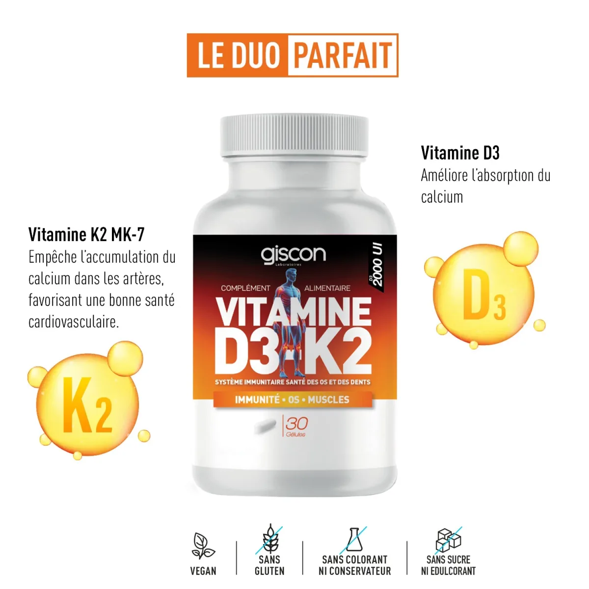 GISCON VITAMINE D3+K2 30 GÉLULES