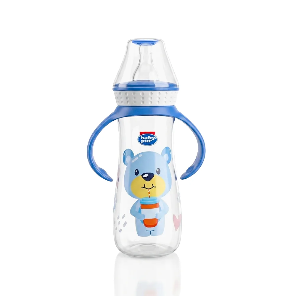 BABY PUR BIBERON EN PLASTIQUE AVEC ANSES COUVERCLE TORSADE 250ML REF 72010