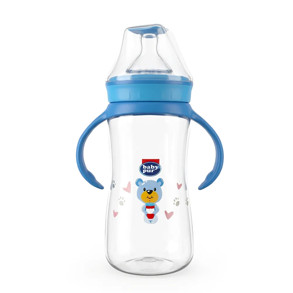 BABY PUR BIBERON EN PLASTIQUE LARGE MAXI AVEC ANSE ET COUVERCLE TORSADE 360ML REF 72012