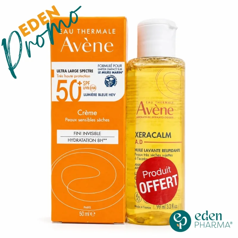 AVENE DUO ECRAN SOLAIRE PEAUX PEAUX SENSIBLES SECHES SPF50+ 50ML + XERACALM HUILE LAVANTE 100ML OFFERTE