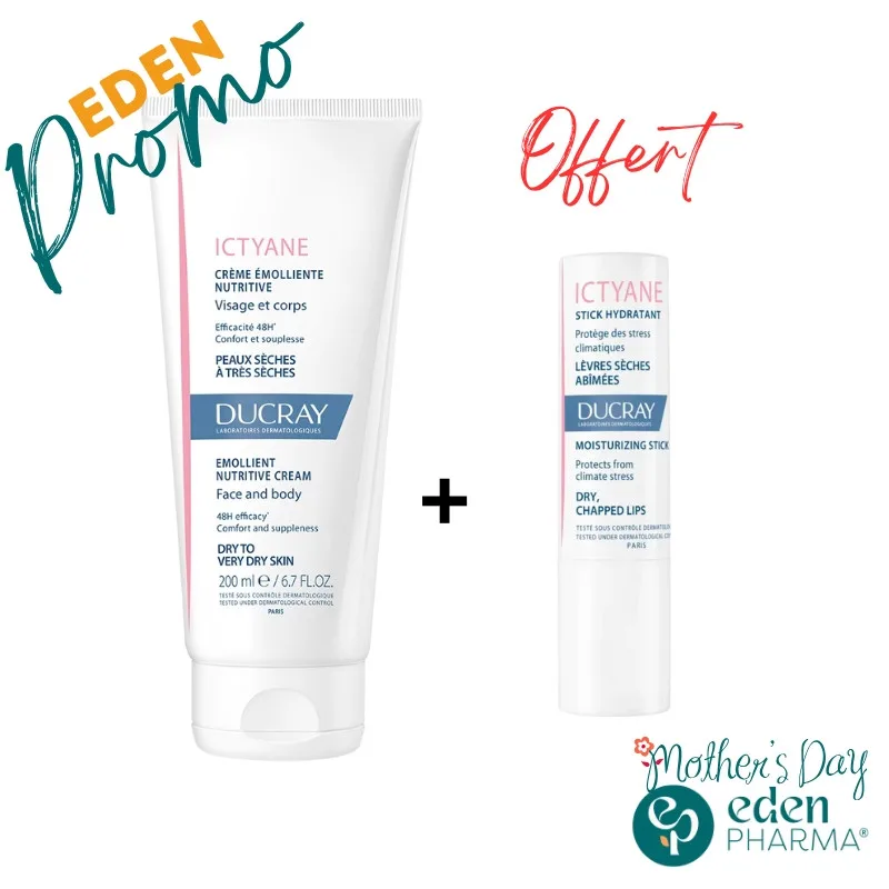 DUCRAY ICTYANE CREME EMOLLIENTE NUTRITIVE VISAGE ET CORPS 200ML + STICK A LEVRES OFFERT